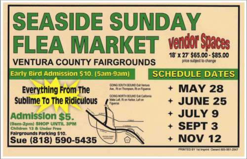 Seaside Sunday Flea Market, 5:00 a.m. to 3:00 p.m., May 28, June 25, July 9, September 3, November 12, 2023.